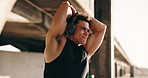 Warm up, runner and headphones with man at beach for workout start, health radio and streaming. Stretching, training podcast and music with person outdoor for fitness, wellness and challenge