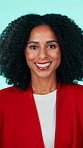 Happy, woman and face of teacher in studio with confidence for education career with about us. Smile, professional and portrait of female educator with pride for job opportunity by blue background.