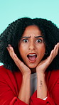 Shock, woman and face with expression for news, gossip or secret scandal on a studio background. Portrait, female person or surprised model with fright or wow for rumor, alert or crazy reaction