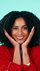 Happy woman, face and dancing with surprise for celebration, prize or news on a studio background. Portrait, female person or excited model with smile, wow or expression for winning or reaction
