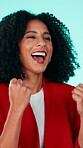 Celebration, cheer and woman with sale, announcement or victory with good news. Happiness, winning or female person on studio background with discount, wow reaction or yes at bonus promotion.