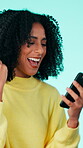 Woman, phone and shocked with cheering for win, lottery success and prize on studio background. Person, mobile and energy with fist pump for announcement, notification victory and bonus achievement