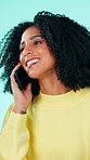 Happy woman, laughing and humor with phone call for funny joke or chat on a studio background. Female person, model or user with smile or comedy on mobile smartphone for discussion or conversation