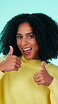 Woman, face and excited with thumbs up for approval, positive vote and review on studio background. Female person, portrait and hand gesture with emoji for yes, agreement and permission with smile
