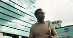 Businessman, walk and commute in city with thinking, bag or property listing for real estate career. Low angle, black person and realtor outdoor downtown with glasses, reflection or urban development