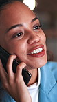 Business, phone call and woman with smile, night and digital app for communication. Employee, laughing or person in workplace, cellphone for connection or online chatting with conversation or evening