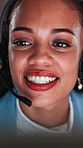 Call center, discussion and woman with headset in business, listening and explaining offer at night. Online, consultation and happy person with mic for chat, telemarketing and working late for sales