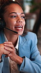 Call center, chat and woman with headset in office, discussion or telemarketing with smile at night. Consultation, online and person with mic for lead generation, coworking and working late for sales