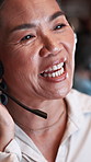 Call center, talk and woman with headset in office, discussion or telemarketing with smile at night. Agent, online and mature person with mic for chat, lead generation and working late for sales