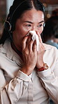 Headset, tissue or businesswoman blowing nose in call center, allergies or viral infection at night. Sick, tech and virtual assistant with hayfever symptoms for health problem, overtime and sinus