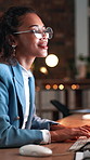 Computer, night or copywriter in office with glasses, draft edit or source feedback for article. Bokeh, woman or journalist in agency with tech, fact check or publication research in late evening.