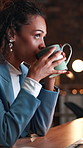 Night, thinking and woman in office, drinking coffee and solution for news report. Evening, person and journalist in workplace, herbal tea and espresso for article deadline and decision for column