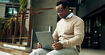 Start, business or black man with laptop in city, property listing post or draft resident description. Begin, typing and realtor with housing market research, computer and upload open house schedule