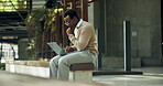 Thinking, review or businessman with laptop in city, upload property listing or residence description. Research, African realtor or pc for real estate market insight, planning or open house schedule