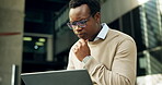 Thinking, business or black man with laptop in city, upload property listing or residence description. Reflection, review or realtor with real estate market research, pc or check open house schedule