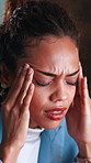 Investor, headache and woman in office, pain and stress with pressure, tension and temple massage. Person, broker and employee in workplace, migraine and tired with burnout, low energy and fatigue