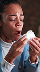 Business, sick and woman in office, sneeze and influenza with recovery, virus and bacteria. Overworked, employee or person with tissue, allergy season and health risk with illness, burnout or disease