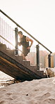 Fitness, staircase and man with steps, energy and routine for training, performance and wellness. Outdoor, person and athlete with practice, space or cardio workout with challenge, motion or exercise