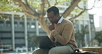 Thinking, typing or businessman with laptop in city, upload property listing or residence description. Review, African realtor or pc for real estate market insight, planning or open house schedule