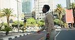 Businessman, walking and pedestrian in city street for work trip, commute or outdoor travel. Man, employee or traveler crossing road with bag for career journey or job opportunity in an urban town