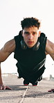 Outdoor, push up and man with face, fitness for health benefits and balance. Person, morning routine or athlete in city, sunshine or challenge with energy, cardio or workout for wellness or space