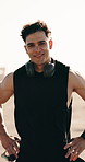 Fitness, happy and face of man outdoor for runner, workout and health challenge. Happiness, training and sports athlete with male person for wellness recovery, jogger exercise and commitment