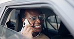 Happy, black man or driver with phone call in car for network, communication or traffic. Businessman, travel or talking with smile on smartphone in vehicle for transportation, chat or commute in city