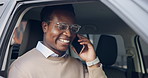 Happy, black man or driver laughing with phone call in car for network, communication or traffic. Businessman, travel or talking with smile on smartphone in vehicle for funny joke, chat or commute