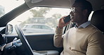 Businessman, driver and discussion with phone call in parking lot for network or communication. Black man, travel or talking with smile on smartphone in vehicle for transportation or commute to work