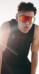 Exercise, man and tired of running outdoor for endurance challenge, check smart watch or recovery. Sunglasses, flare or runner breathing on low angle for intense cardio, monitor timer or workout rest