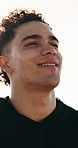 Thinking, man and fitness with rest, breathing and challenge for health benefits, view and wellness. Outdoor, athlete and person with break, happiness and exercise with reflection, workout and calm