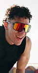 Fitness, man and tired of running in city for endurance challenge, check smart watch and recovery. Sunglasses, runner and burnout outdoor for intense cardio, monitor pace timer and rest from workout