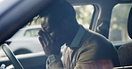 Angry, black man and car with stress in parking lot for bad news, poor mistake or regret. Frustrated, male person or aggressive driver with steering wheel in anger for traffic or road rage in city