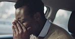 Black man, stress and stuck with car in parking lot for bad news, mechanical breakdown or mistake. Frustrated, male person or aggressive driver in anger for vehicle crisis, emergency or accident