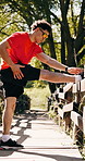 Stretching, athlete and man with headphones in nature, outdoor and listening to podcast for fitness. Forest, runner and person with workout  routine for health, training and streaming audio with tech