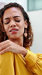 Woman, stress and hurt in office with shoulder pain, muscle inflammation and symptoms for work burnout. Tired, person and employee in business with bad posture, injury and fatigue from fibromyalgia.