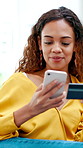 Happy woman, phone and online shopping with credit card in home for virtual banking app or payment. Female person, user or smile with debit for mobile order, ecommerce or wireless purchase in house