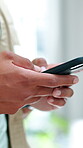 Texting, phone or hands in office with communication, agenda change or online conversation for project. Digital, employee networking or man with tech, schedule update or connection in report feedback