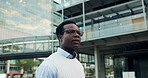 Walking, business and black man in city for morning commute, travel and journey to office. Pedestrian, corporate and person on trip for job, career and professional opportunity for work in town