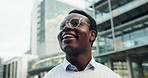 Thinking, glasses or businessman in city with happiness, inspiration or mindfulness in commute. Low angle, breathe or black man with specs, employee journey or positive mindset on professional goals.