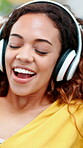 Dance, streaming or woman in house with headphones, song connection or listening to music playlist. Relax, happiness or female person with tech, feeling beat or radio subscription on audio app.