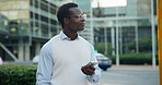 Businessman, online and thinking with phone in city, travel and searching for directions on website. Employee, reflection and black person with smile for digital map, our and commute with mobile