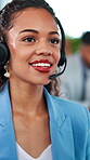 Call center, smile and woman with feedback for help desk, customer service or language translation. Headset, contact us and happy consultant in office, coworking or talking for multilingual support