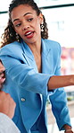 Discussion, explaining and business people in office for collaboration on creative project. Conversation, talk and magazine editor with manager for feedback, review or help with publishing at agency.