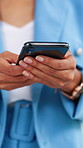 Hands, phone and businesswoman in office with texting, networking or email contact on mobile app. Technology, typing and female employee with cellphone for online communication, feedback or review.