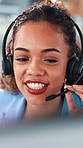 Call center, feedback or woman with computer for help desk, customer service or language translation. Headset, contact us and happy consultant with tech, advice or talking for multilingual support