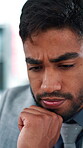 Thinking, business and man in office for planning, investment  reflection and revenue generation idea. Trading, workplace and investor with insight for stock market, growth mindset or problem solving
