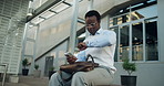 Phone, check watch and black man in city for lift, taxi and wait for transportation. Business person, hailing app and impatient with schedule, commute and booking for travel service in urban town