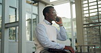 Phone call, bus stop and smile with business black man in city for travel schedule, communication and chat. Location update, appointment and connection with person and mobile outdoor for contact