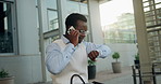 Phone call, travel and wristwatch with business black man in city for bus schedule, communication and chat. Location update, appointment and connection with person and mobile outdoor for contact